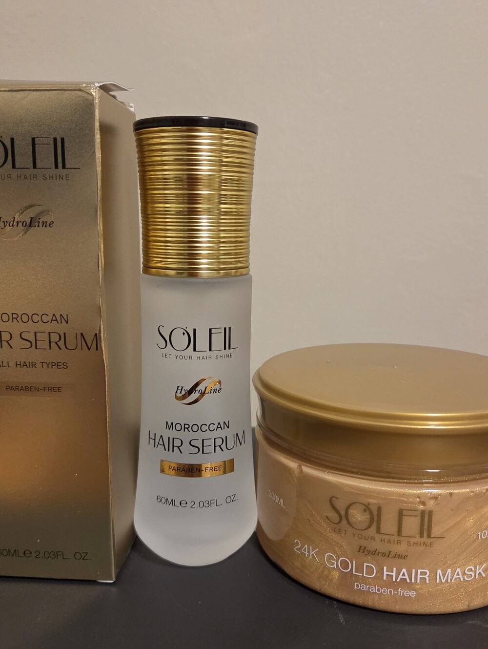 Soleil Moroccan Hair Serum & Soleil 24K Gold Hair Mask.